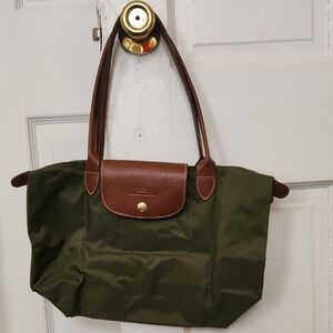 Longchamp Les Pliages Olive Green Nylon Shoulder Tote with Brown Trim